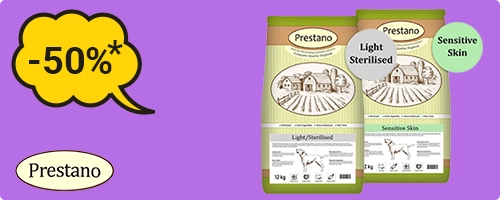 *50% de réduction sur le 2ème sac de croquettes riche en protéines Prestano pour chien